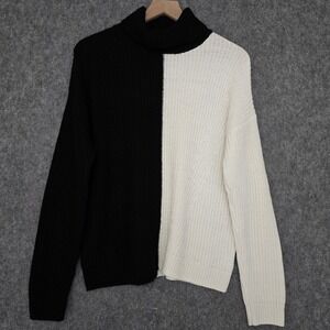 89TH + MADISON Sweater Womens L Black White Colorblock Turtleneck Pullover Knit